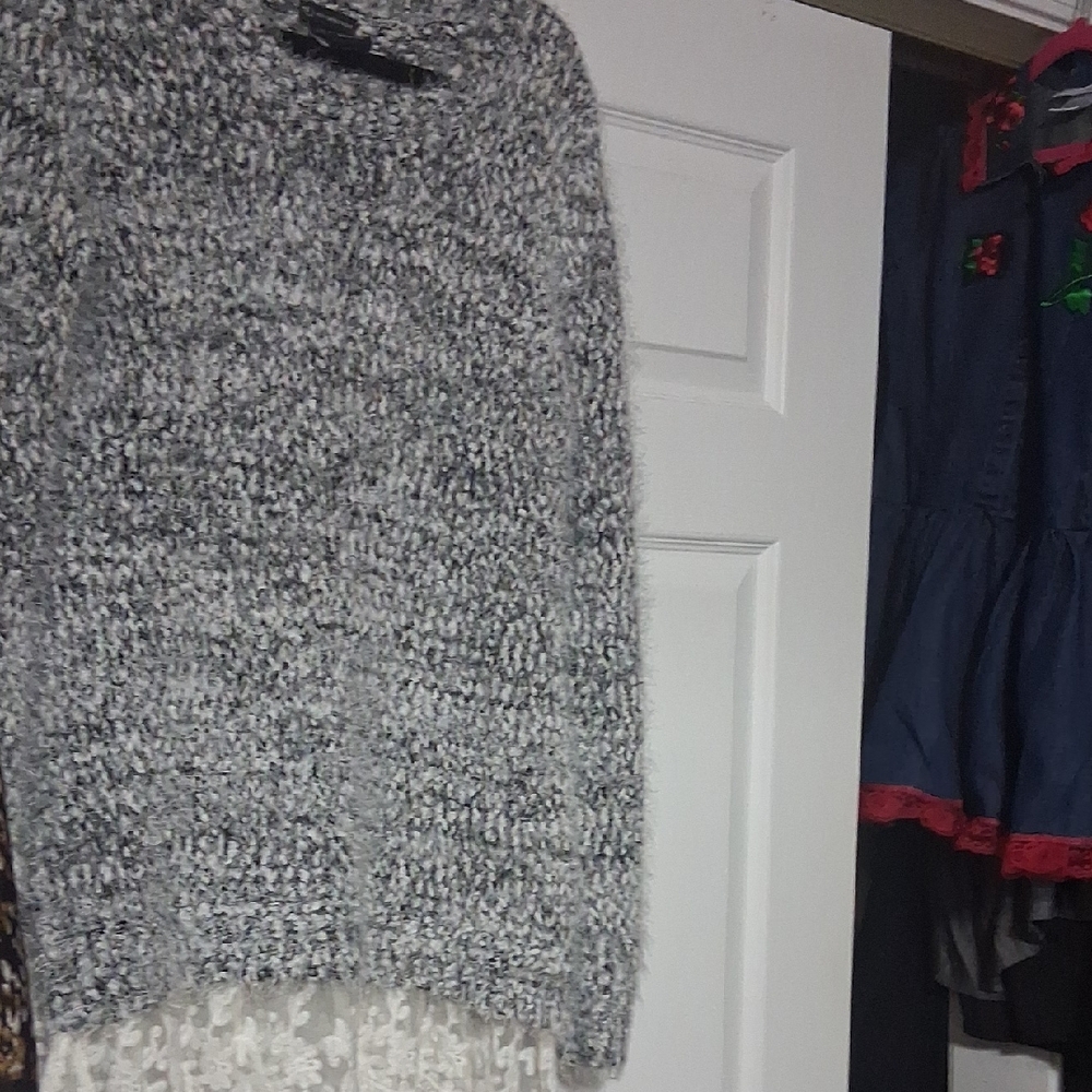 new directions Gray Marled Crew Neck Sweater With White Lace.